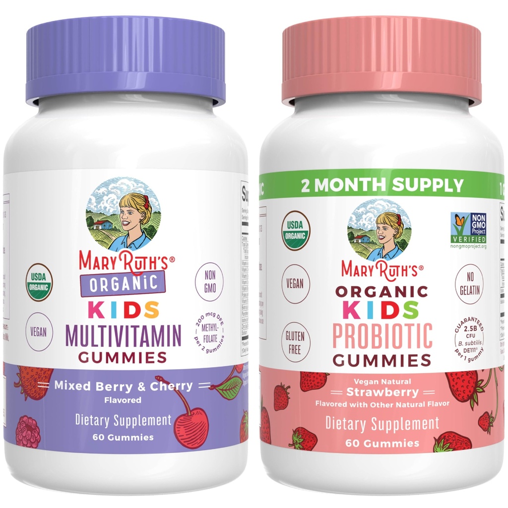 MaryRuth Organics Gummies for Kids- Multivitamin (blandet berry & Cherry), & Probiotisk (jordbær); Vitamin til immunitet, Gut sundhed, & Samlet wellness