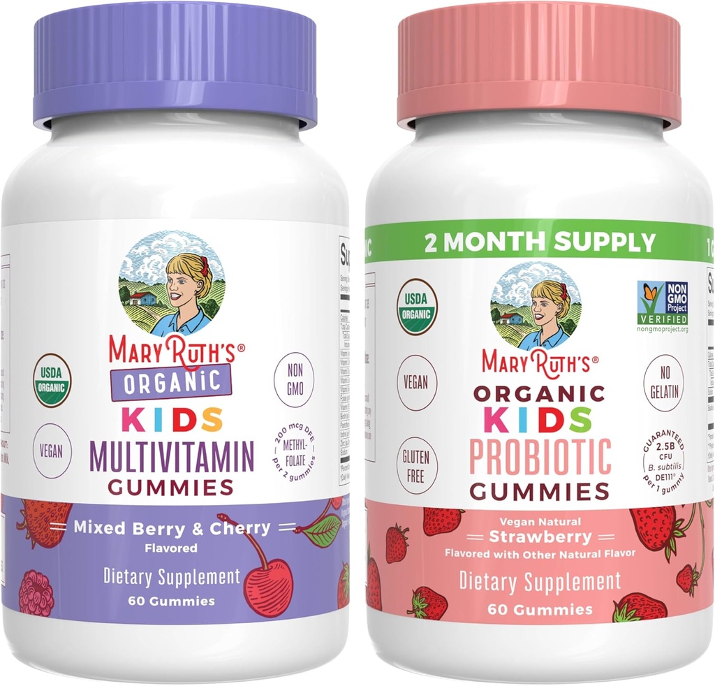 MaryRuth Organics Gummies for Kids- Multivitamin (blandet berry & Cherry), & Probiotisk (jordbær); Vitamin til immunitet, Gut sundhed, & Samlet wellness