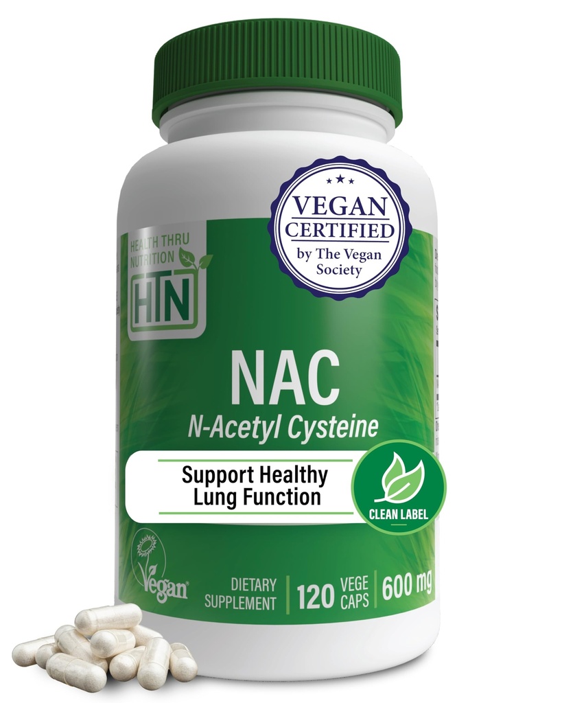 Health Thru Nutrition NAC N- Acetyl- Cysteine 600mg 120 Kapsler - 124; Vegan Certified - 124; The Pure NAC Supplement - 124; Understøtter sunde Lungleverfunktioner & Cellular Health - 124; Non- GMO Soy & Gluten Free