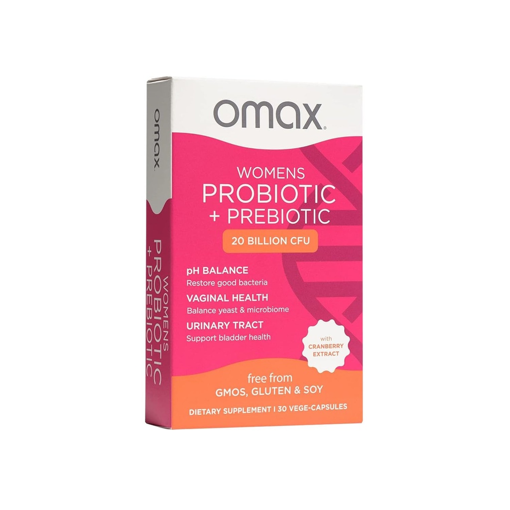 Omax Health Prebiotics and Probiotics Complex for Women, pH Balance, Vag Health, Urinary Tract, Yeast & BV Prevention, Lactobacillus & Bifidobacterium against 124; Vegan, Organic, Gluten Free Shaps 124; 30 Vege- Kapsler