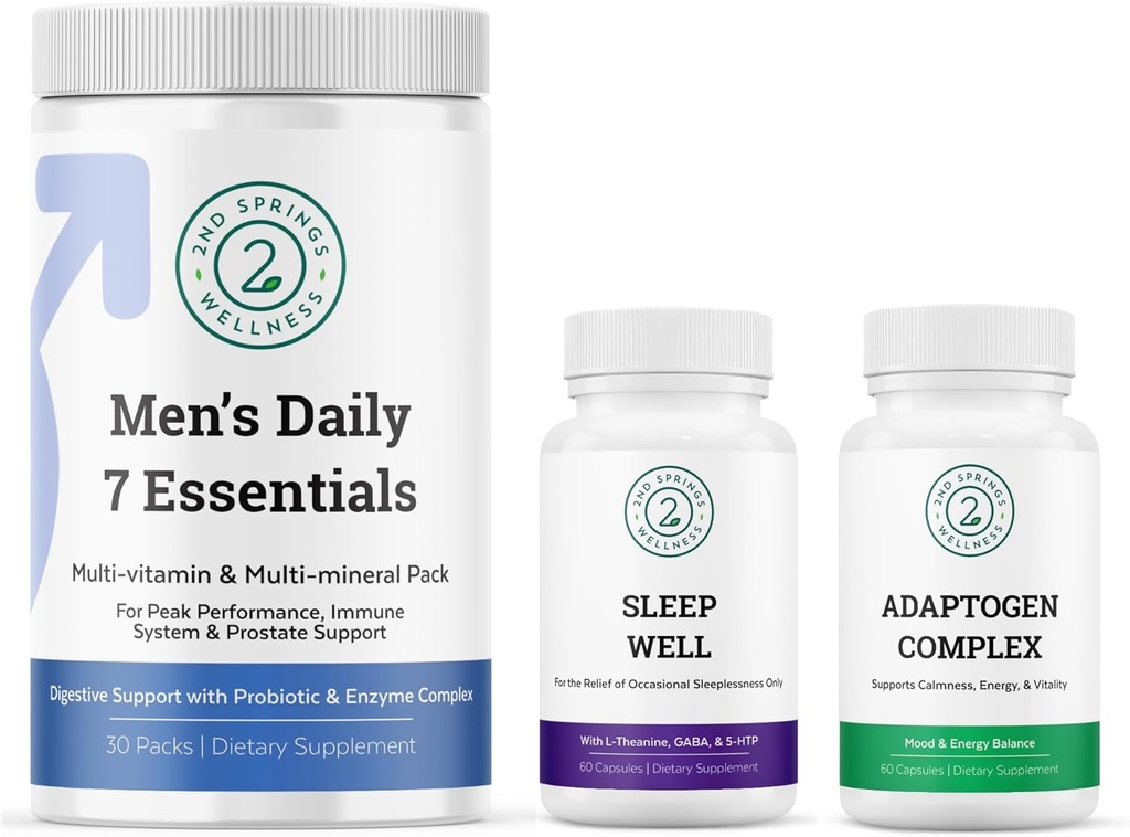 Mænds Daily 7 Essentials, Sleep Well & Adaptogen Complex Bundle