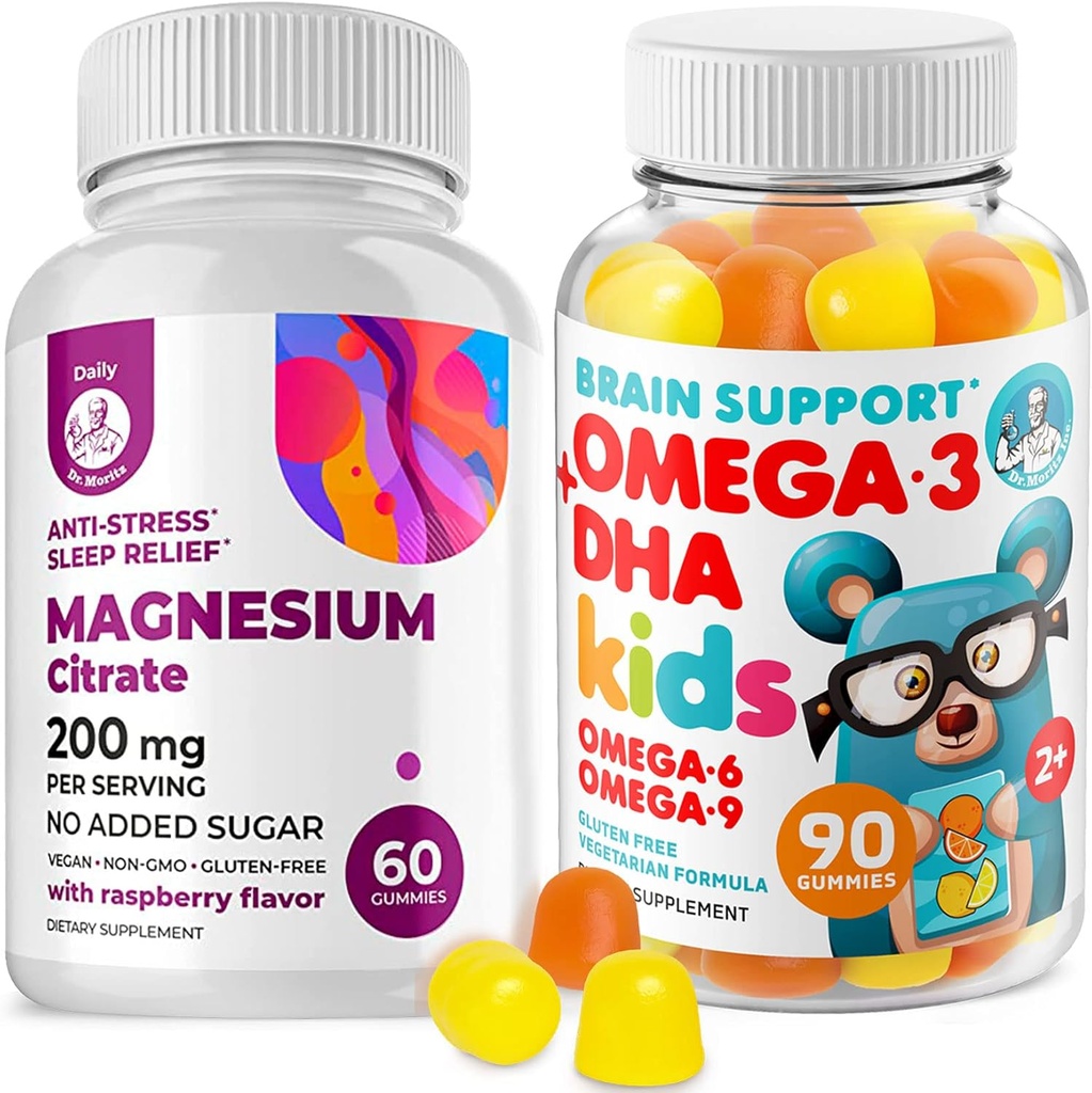 Omega3 Gummies for børn med Omega 6 & 9 og Magnesium Gummies - DHA Children Brain Supplement for Heart and Vision Support - Ingen Fish Oil og Gluten Gratis immunforsvar med sukkerfri Magnesium
