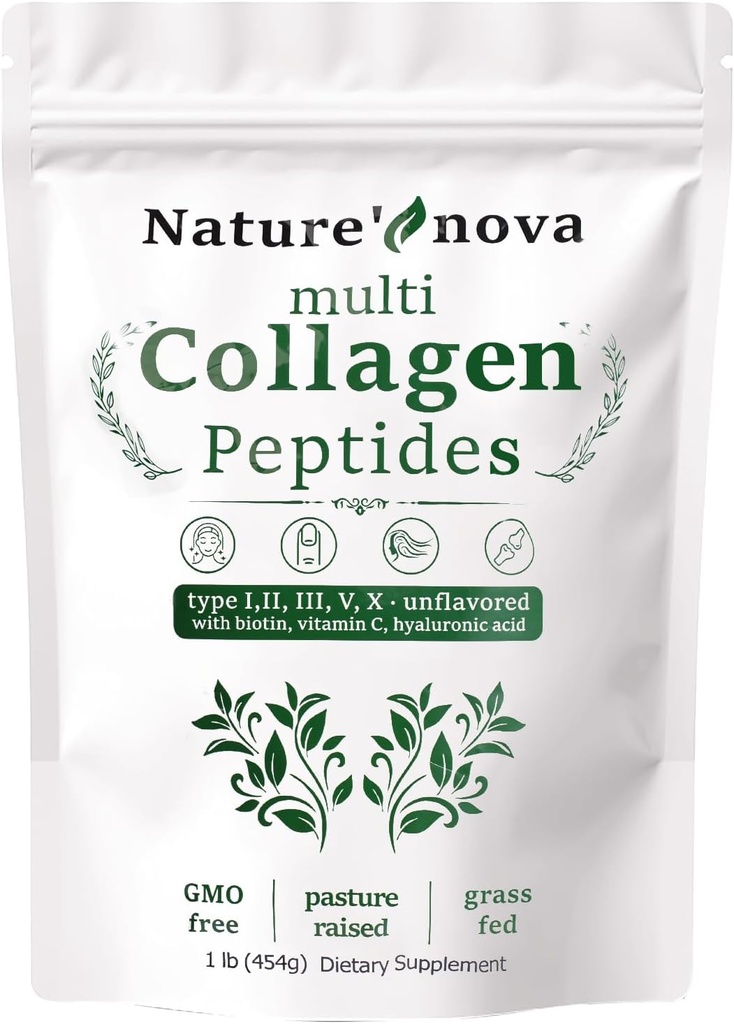 Nature 's Nova Multi Collagen Peptider Powder - Type I, II, III, V, X med biotin, Hyaluronsyre, C-vitamin - Unflavored, Let opløst, Non- GMO