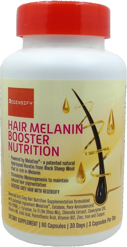 REGENSIFY Hair Melanin Booster Nutrition [Anti Grey Hair Supplement for Mænd & Kvinder; Melatine ®, Catalase, PABA, L-Tyrosine, He Shou Wu, Chlorella Extract, CoQ10, Folinsyre, Pantothensyre]