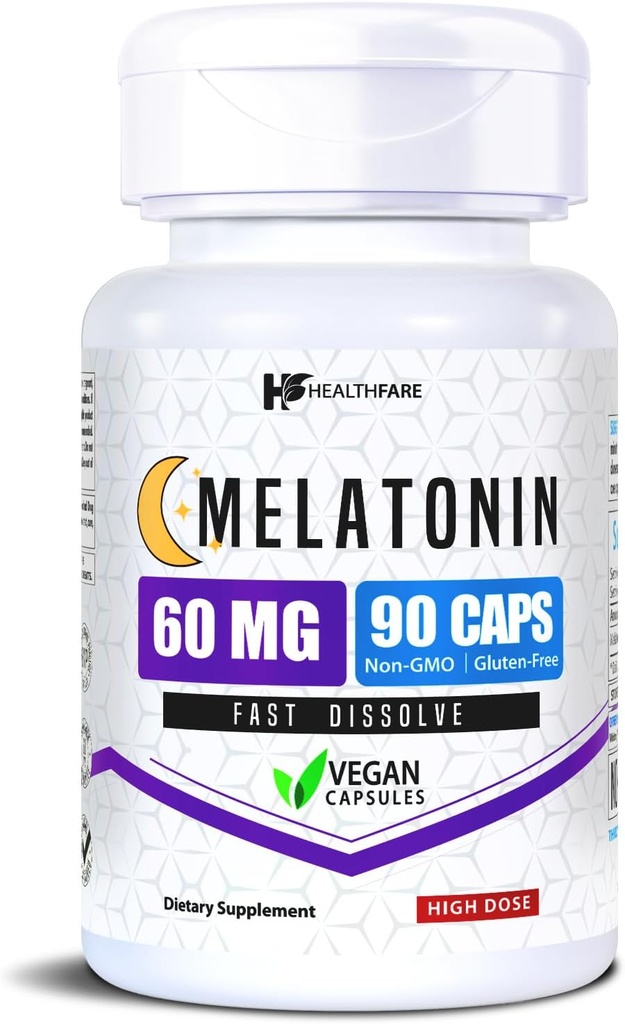 Healthfare Melatonin 60mg | 90 Veg Capsules | High-Strength Formula | Vegetarian, Non-GMO, Gluten-Free | Made in The USA