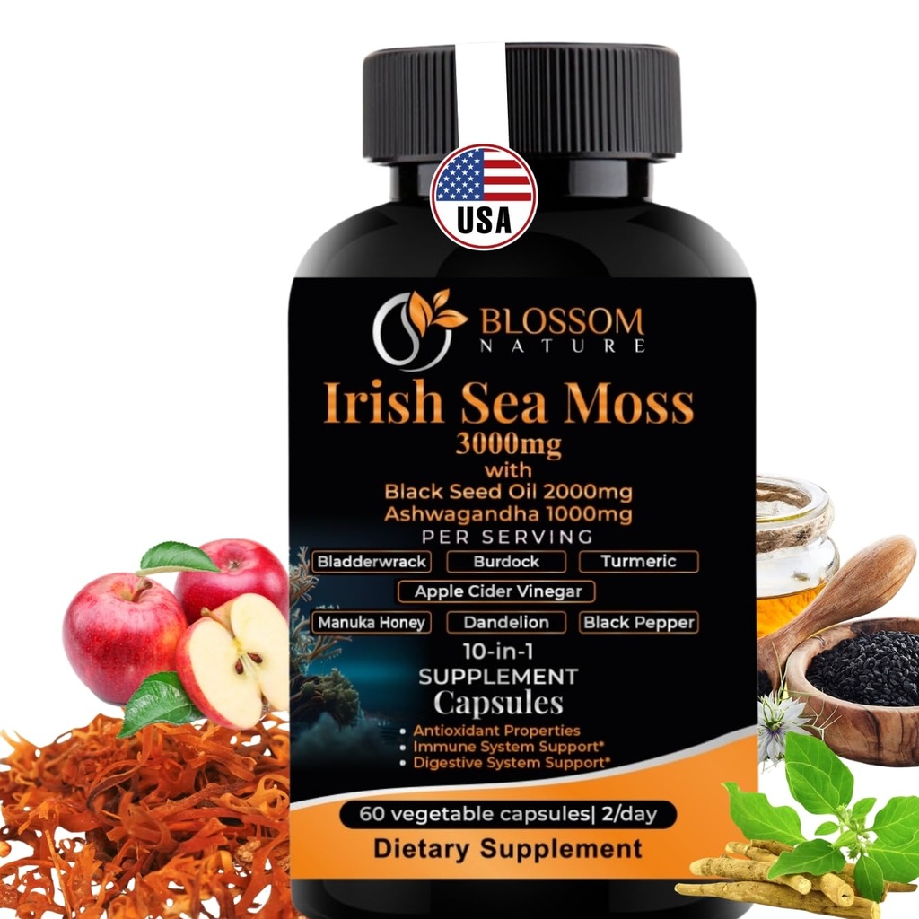 10- in-1 Irish Sea Moss Veggie Caps 3000mg Black Seed Oil Ashwagandha Bladderwrack Burdock Turmerisk Apple Cider Vinegar Manuka Honey Dandelion Black Pepper - Made in US (Veggie Caps, Unflavored)