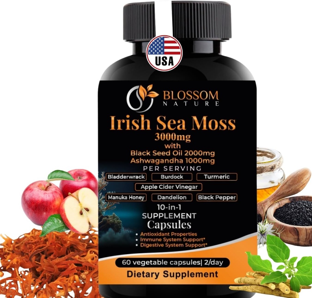 10- in-1 Irish Sea Moss Veggie Caps 3000mg Black Seed Oil Ashwagandha Bladderwrack Burdock Turmerisk Apple Cider Vinegar Manuka Honey Dandelion Black Pepper - Made in US (Veggie Caps, Unflavored)