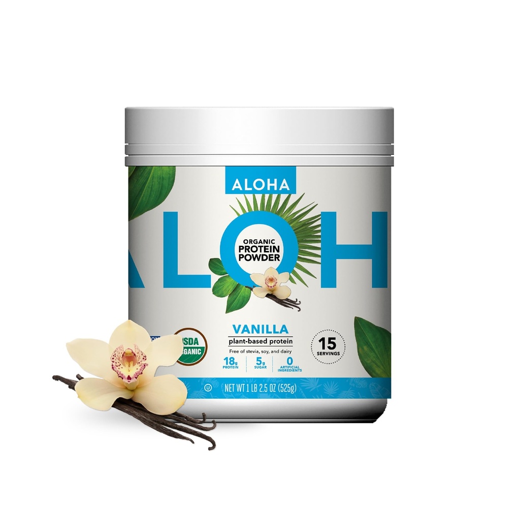 ALOHA Organic Plant Based Protein Powder, Stevia Free, Vanilla, 19.6 oz, 15 Servering EMBALLAGE MAJ VARY