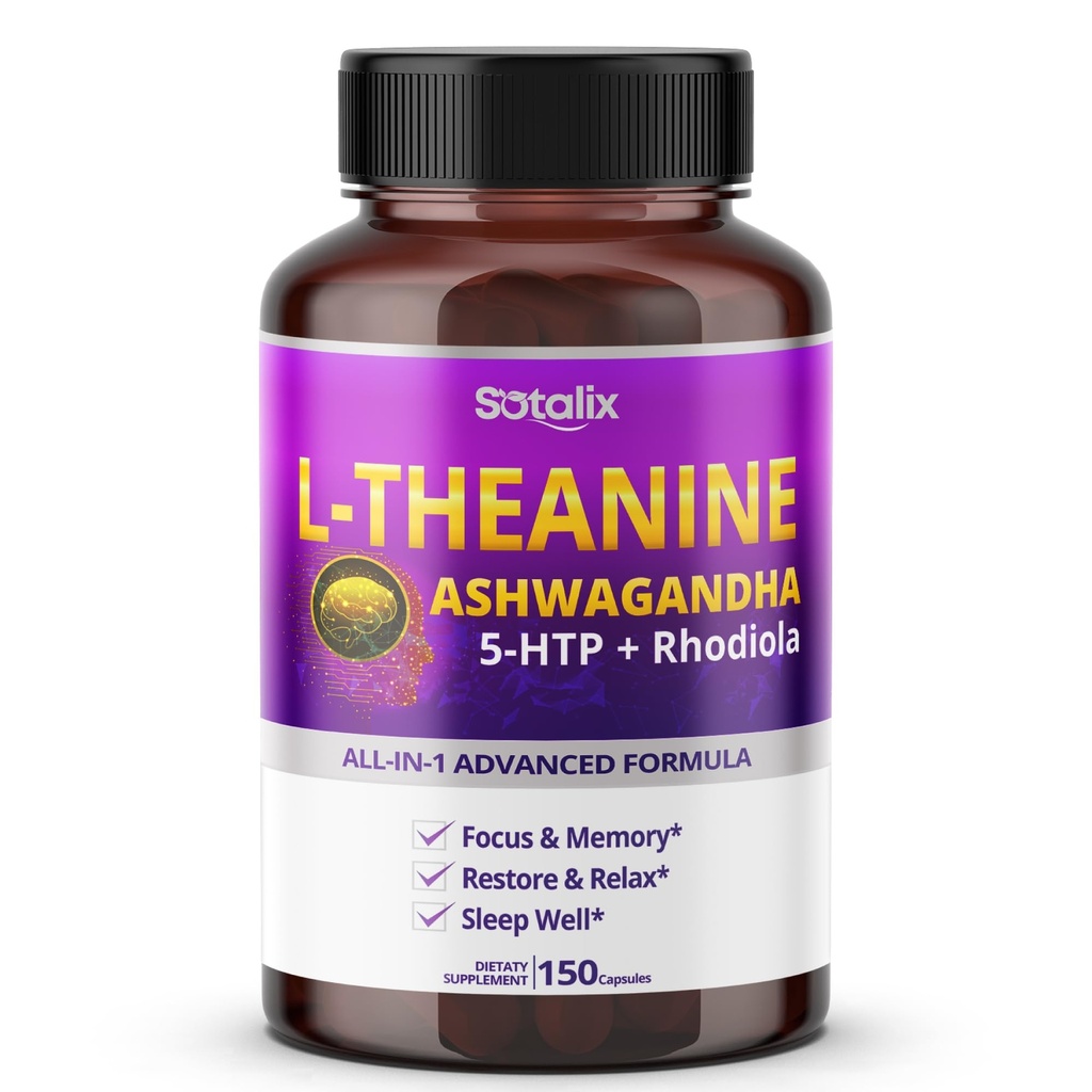 Sotalix L- Theanine Supplement med Ashwagandha 5- HTP + Rhodiola - Focus & Memory, Gendan & Relax, Sleep Quality - USA Made & Testet (150 Greve (pakke med 1))