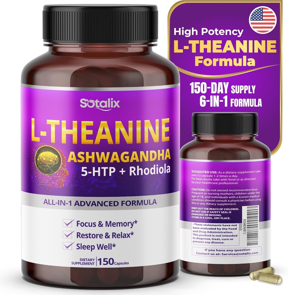 Sotalix L- Theanine Supplement med Ashwagandha 5- HTP + Rhodiola - Focus & Memory, Gendan & Relax, Sleep Quality - USA Made & Testet (150 Greve (pakke med 1))