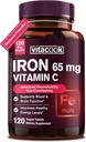 Jern supplement til mænd, høj potens Iron 65mg med C-vitamin 250 mg, Mave venlige jernpiller til røde blodlegemer & immunforsvar, non-GMO & gluten fri, 120 Vegan tabletter