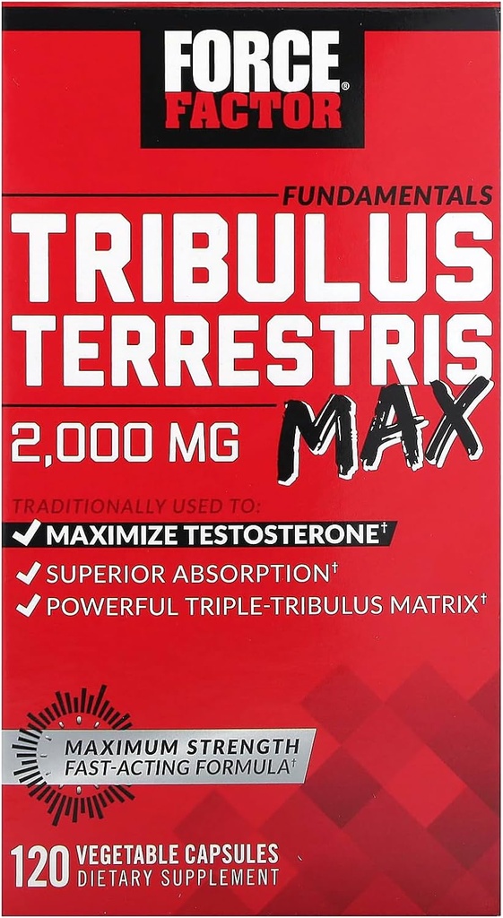 FORCE FACTOR Tribulus Terrestris Max for mænd, Testosteron Booster og mandlige vitalitet supplement, for Superior Absorption, 2000mg, 120 kapsler