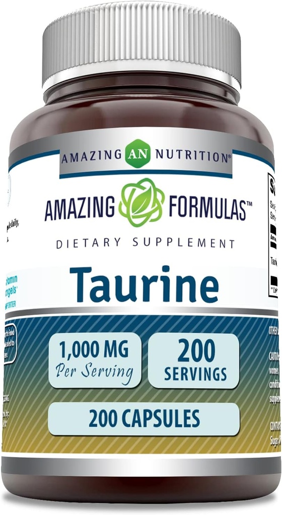 Amazing Formulas Taurine 1000 Mg per Serving 200 Capsules Amino Acid Supplement- 124; Non- Gluten Free