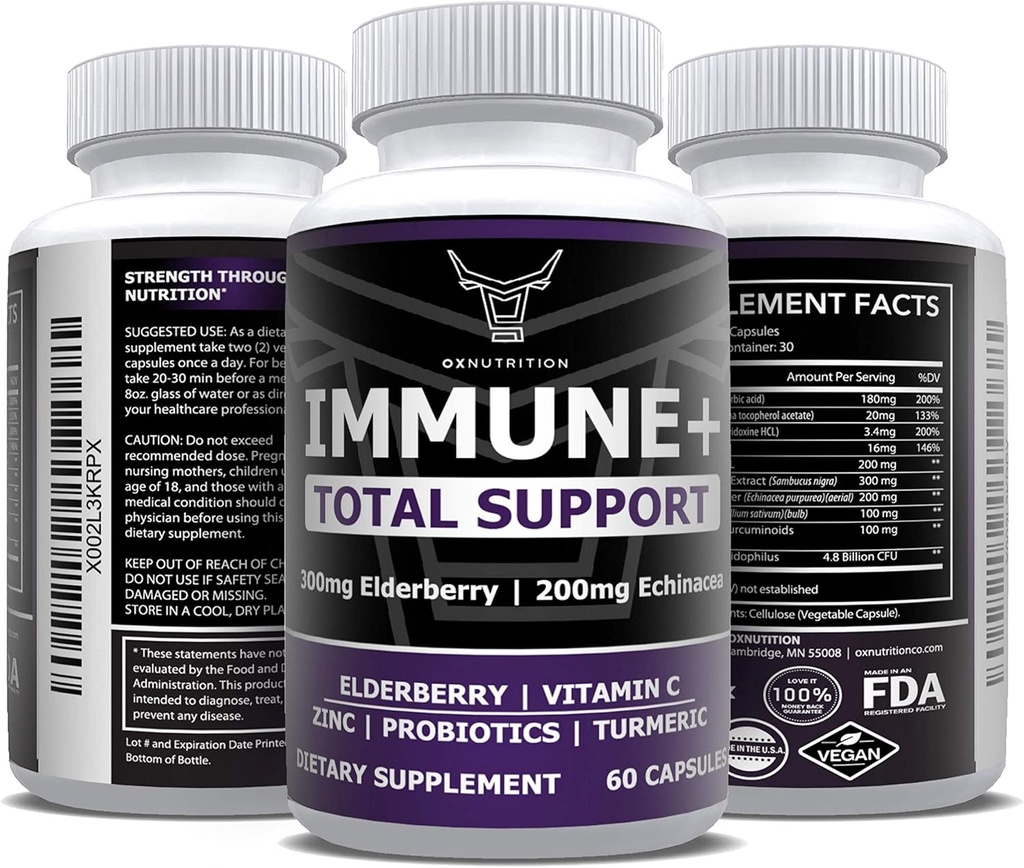 OX Nutrition 10 i 1 Elderberry, C-vitamin, Zink, E-vitamin, B6-vitamin, Echinacea, hvidløg, gurkemeje, L-glutamin HCL & Lactobacillus Probiotika & antioxidanter til immunforsvar 1 måned Tilgang