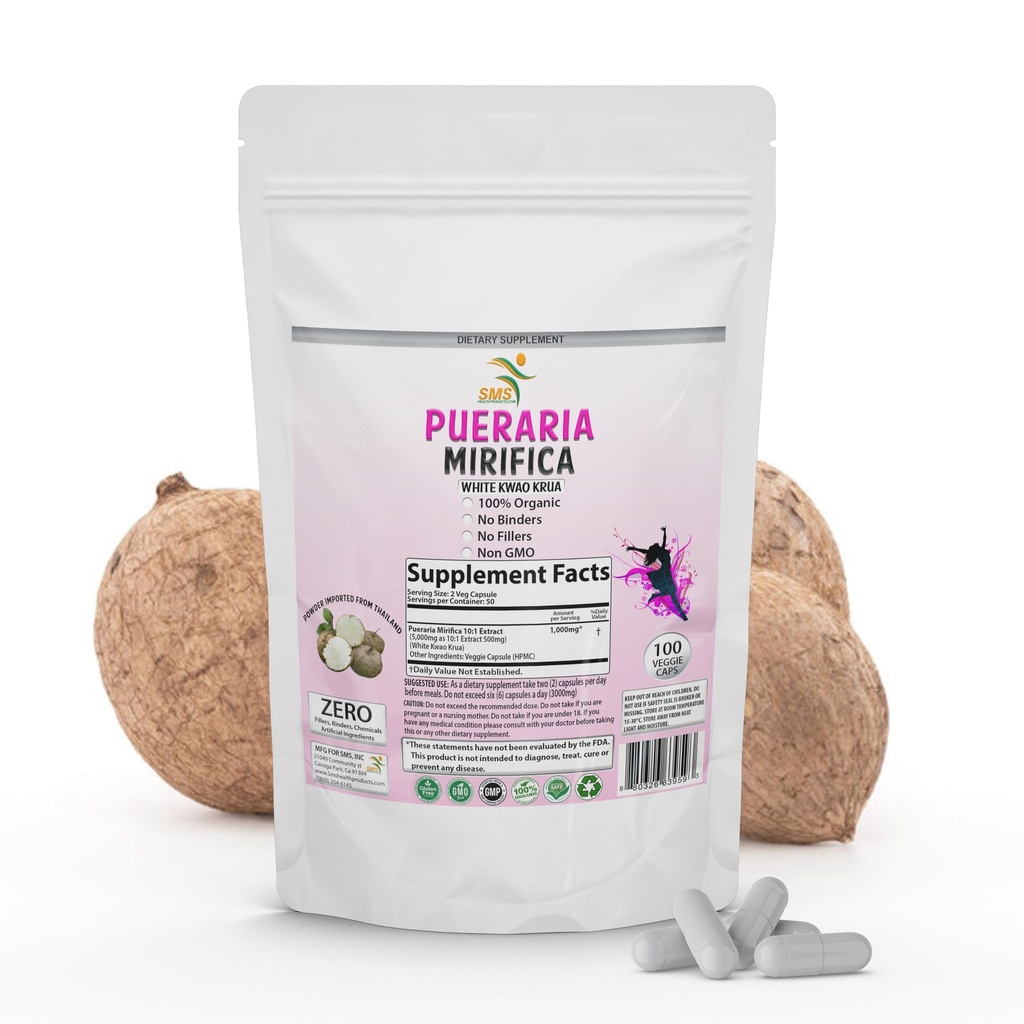 100 Caps Pueraria Mirifica White Extract Powder, 100% 10: 1 Potent, Organic, 1000 mg Per Servering, Ikke GMO fra Thailand, Premium Quality, Vegan