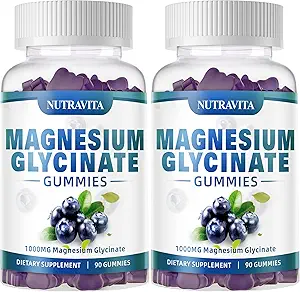 Magnesium Glycinate Gummies 1000mg med Magnesium L- Threonat, Chelated Magnesium Kalium Complex tillæg med VitD, B6, CoQ10, Calcium, Understøtninger til hukommelse, rolig, Mood - 180 Gummies Blåbær