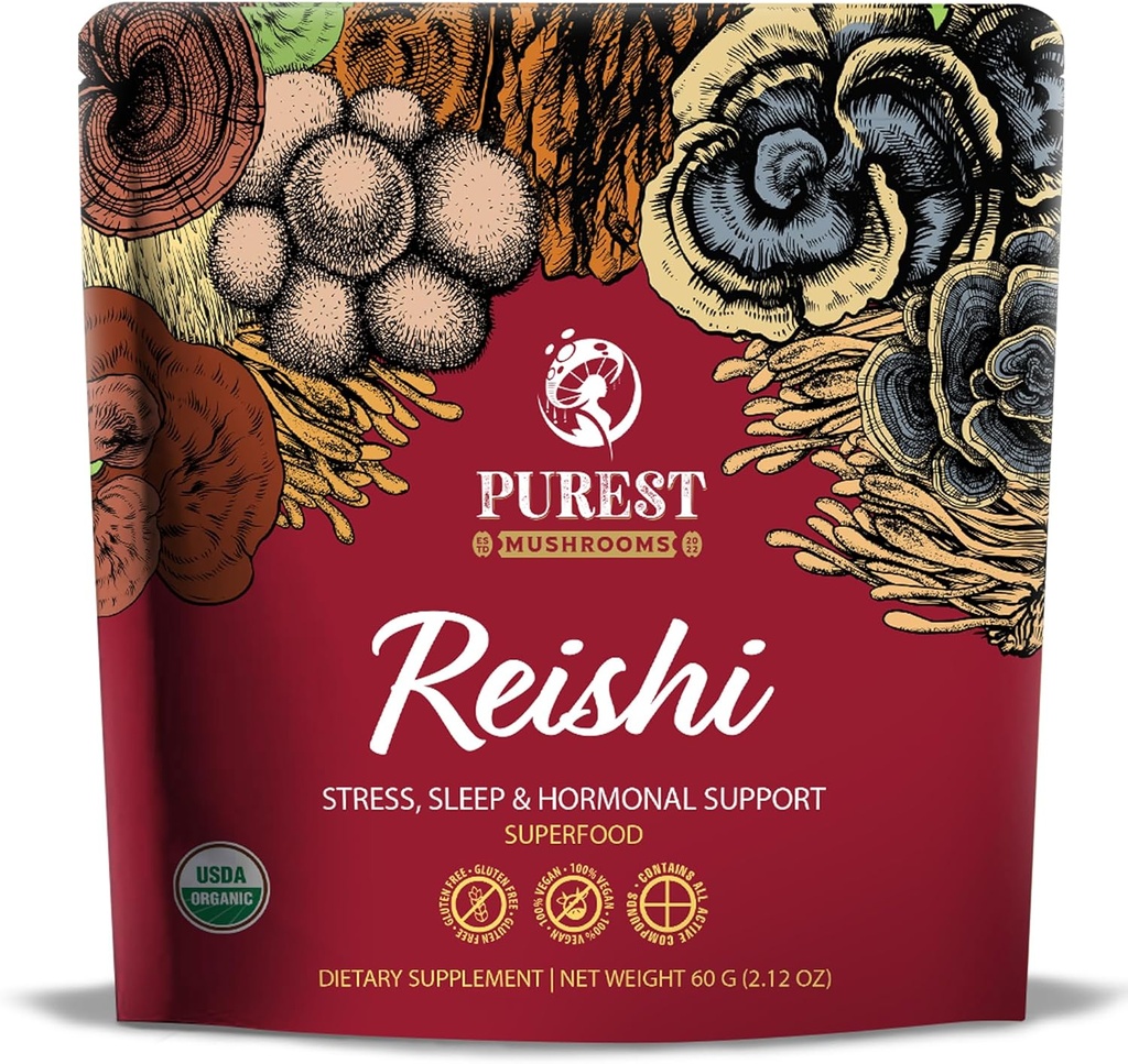 Reishi Powder - Organic Mushroom Extract Powder - Mushroom Kosttilskud til immunforsvar, Stress Relief, bedre søvn 60g