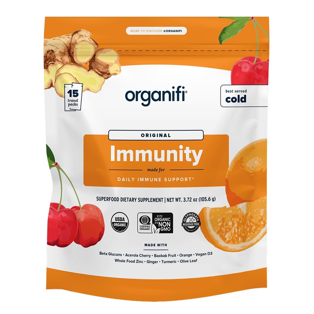 Organifi Immunity - Organisk Superfood Immunity Support - 15 enkeltsæt - Immunitet pulver til T-celle produktion og øvre luftvejssundhed - svampe Beta glucans, C-vitamin, D-vitamin og zink