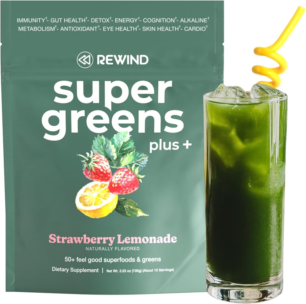 Super Green Powder med 50 + Superfoods - Daglig Grøn Juice til hele familien - Lækker Green Powder Drikke Mix - Jordbær Lemonade Flavor - 10 Servering
