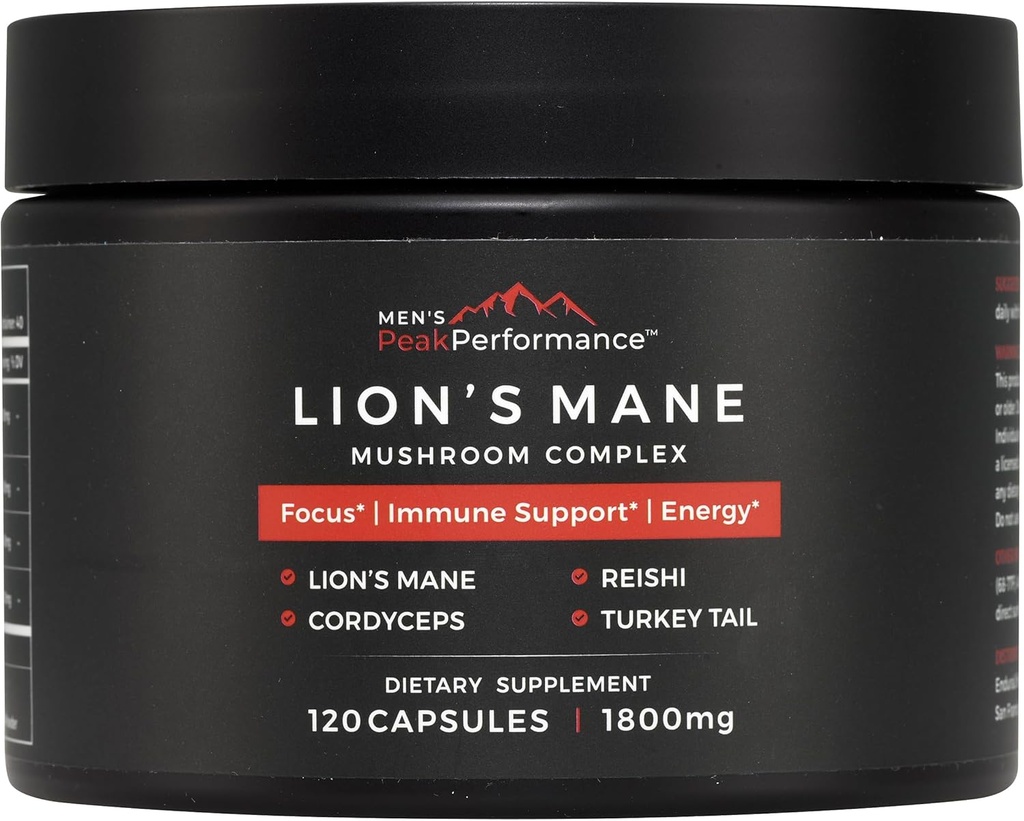 MANDS PeakPerformance Lions Mane Mushroom supplement kapsler med Reishi, Cordyceps, Tyrkiet Tail - Brain Nootrop for hukommelse, fokus, naturlig energi, og immunforsvar supplement (120 kapsler)