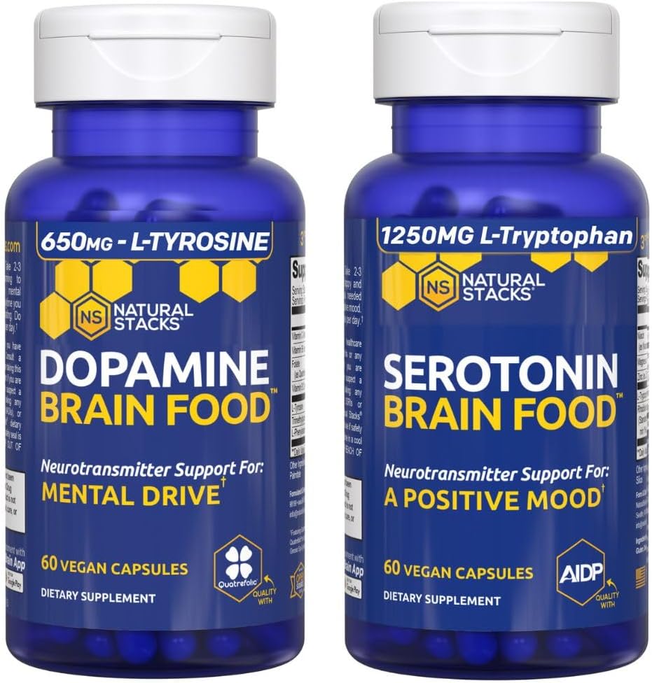 NATURAL STACKS Serotonin Brain Food + Dopamine Brain Food Bundle - Supports a Positive Mood & Mental Drive* - 120 Total Capsules