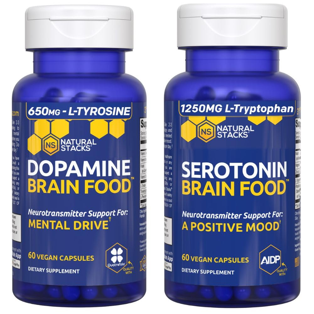 NATURLIGE STAKKER Serotonin Brain Food + Dopamin Brain Food Bundle - Understøtter en positiv mad & Mental Drive * - 120 Total kapsler