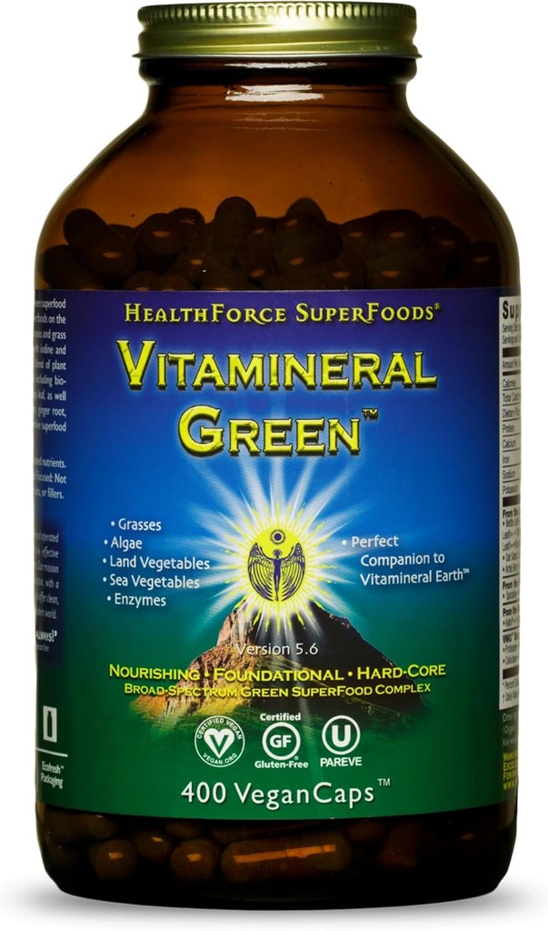 INTEGREREDE SUPERFODER Vitamin grøn - Mineral supplement til immunforsvar og thyreoideastøtte - Grøn pulver supplement med ingredienser fra The Land - Gluten- Free & Vegan - 400 kapsler