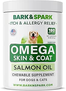 BARK & SPARK Omega 3 for hunde - 180 Fish Oil Treats for Hund Shedding, Hud Allergi, Itch Relief, Hot Spots Treatment - Fælles sundhed - Hud og Coat Supplement - EPA & DHA fedtsyrer - Lakseolie
