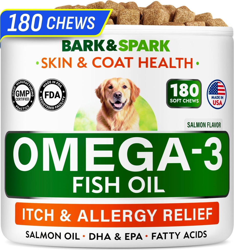 BARK & SPARK Omega 3 for hunde - 180 Fish Oil Treats for Hund Shedding, Hud Allergi, Itch Relief, Hot Spots Treatment - Fælles sundhed - Hud og Coat Supplement - EPA & DHA fedtsyrer - Lakseolie
