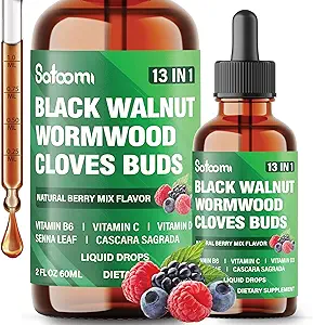 Satomi 13in1 Black Walnut Liquid Drops med ormwood, Cloves, Vitamin B6, C-vitamin, D-vitamin, Senna, Cascara Sagrada og 5 mere - 2 Fl Oz for 60 dage - Berry Mix Flavor