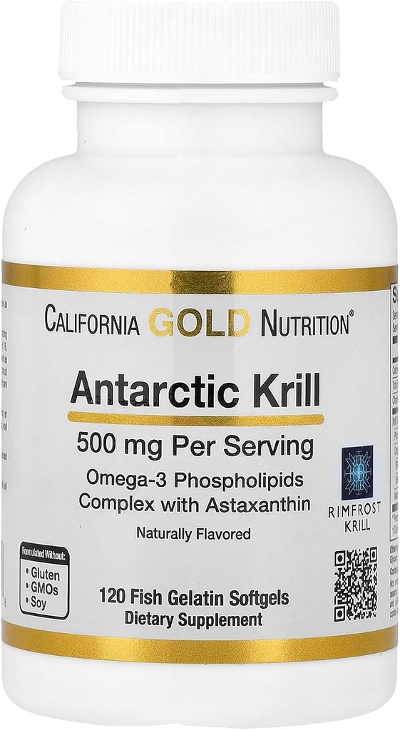 California Gold Nutrition Antarctic Krill Oil, Ultra-High Omega-3 med Astaxanthin, Natural Strawberry & Lemon Flavor, Non GMO, Gluten Free, 500 mg, 120 Fish Gelatine Softgels, 2 Pack