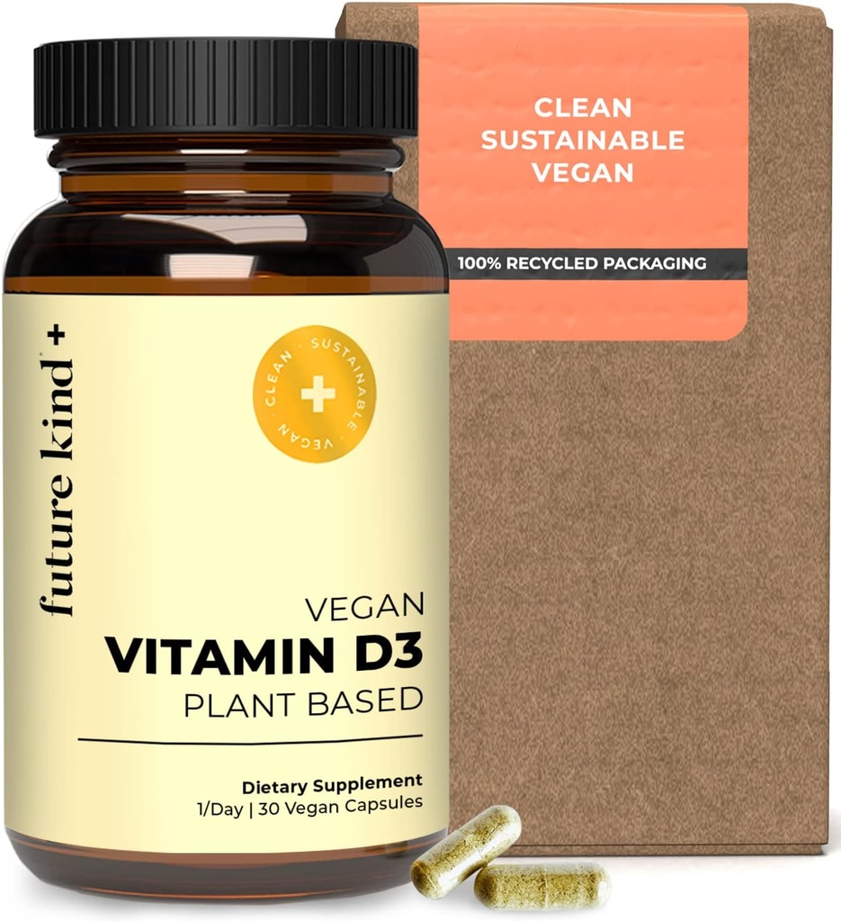 Future Kind Vegan Vitamin D3- 2500 IE Plant- baseret supplement til Cell & immunforsvar - sukker- fri, Lichen- baseret D-vitamin (30 Softgel i glasflaske)