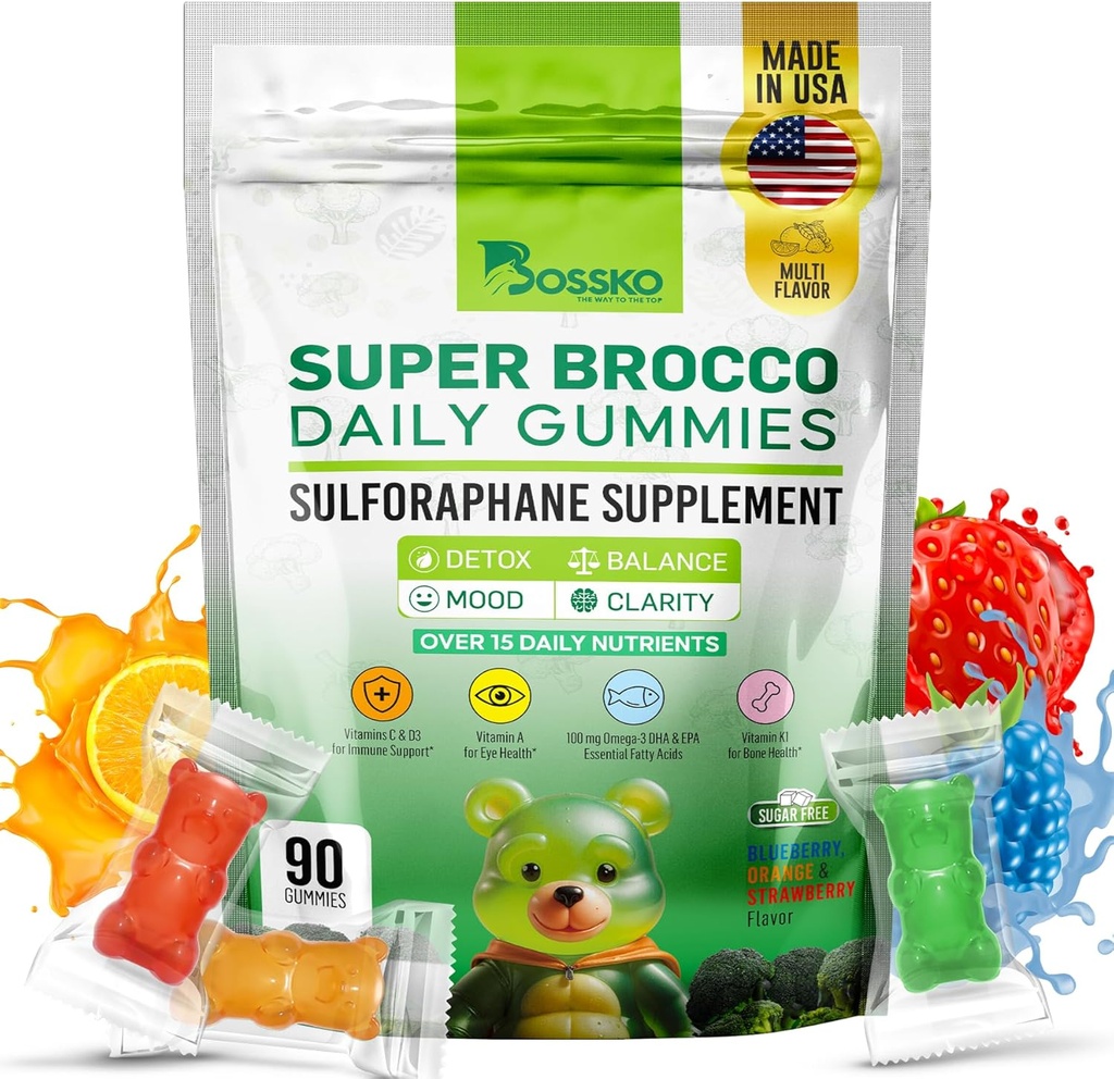 Bossko Sulforaphane Gummies med Omega-3 - Broccoli Spraut Extract, EPA / DHA & Antioxidanter - Cellular Health & Mood Support - 90 Vegansk Gummies - Blandede berry flavors - Sukkerfri