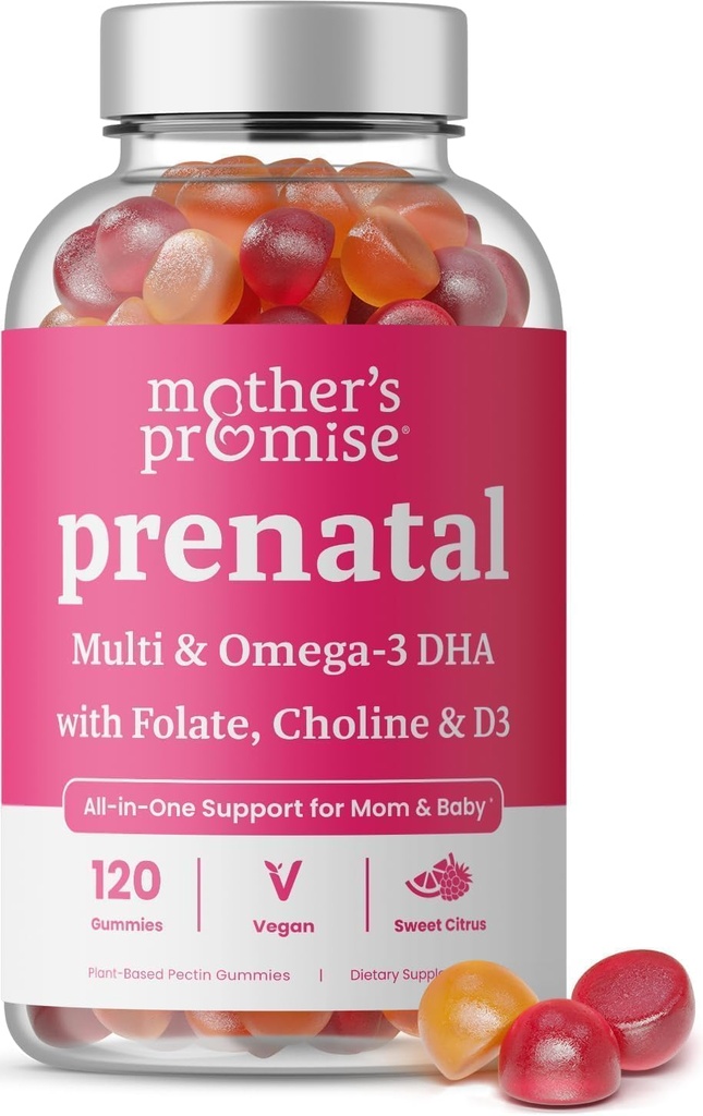 Prenatal Vitamin Gummier med DHA Gummy 124; Vegansk Prenatal Vitamin til kvinder med Omega 3, Methylfolat, Cholin & D3, Graviditet Vitamin til Føtale Udvikling