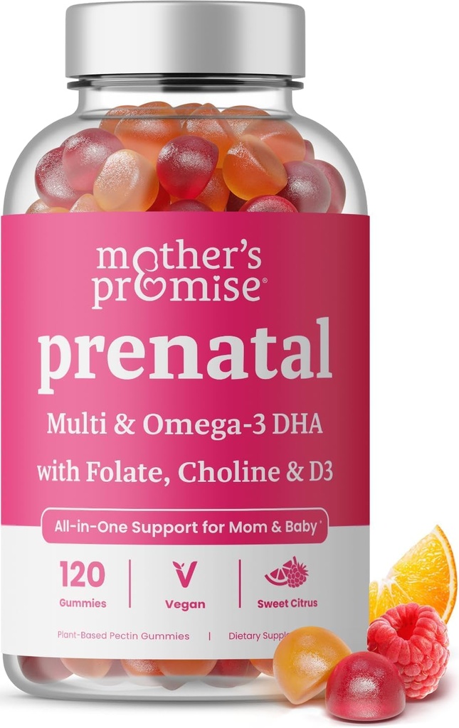 Prenatal Vitamin Gummier med DHA Gummy 124; Vegansk Prenatal Vitamin til kvinder med Omega 3, Methylfolat, Cholin & D3, Graviditet Vitamin til Føtale Udvikling