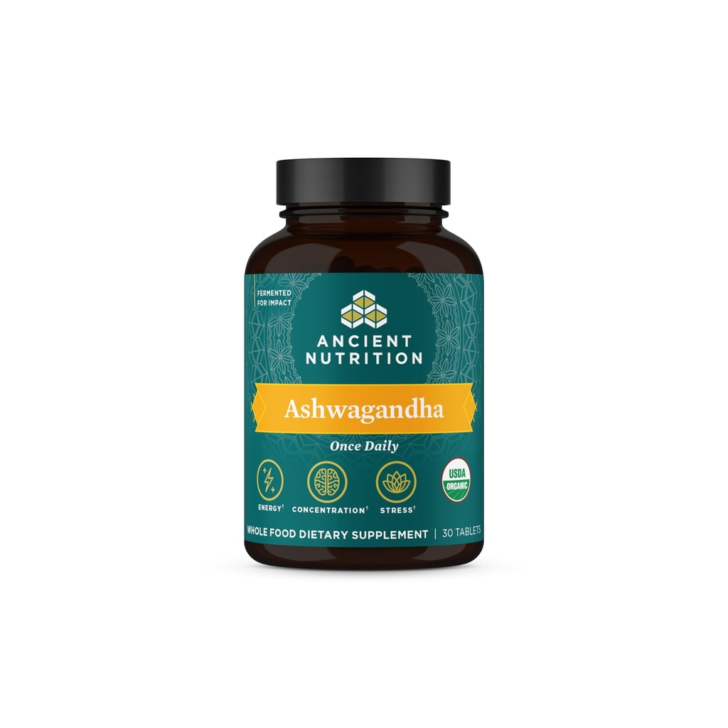 Ancient Nutrition Ashwagandha Tabletter, Stress Relief, Understøtter Energi, Mental Klarhed og Koncentration, Reducerer Træthed og Angst, Paleo og Keto Friendly, 30 Kapsler