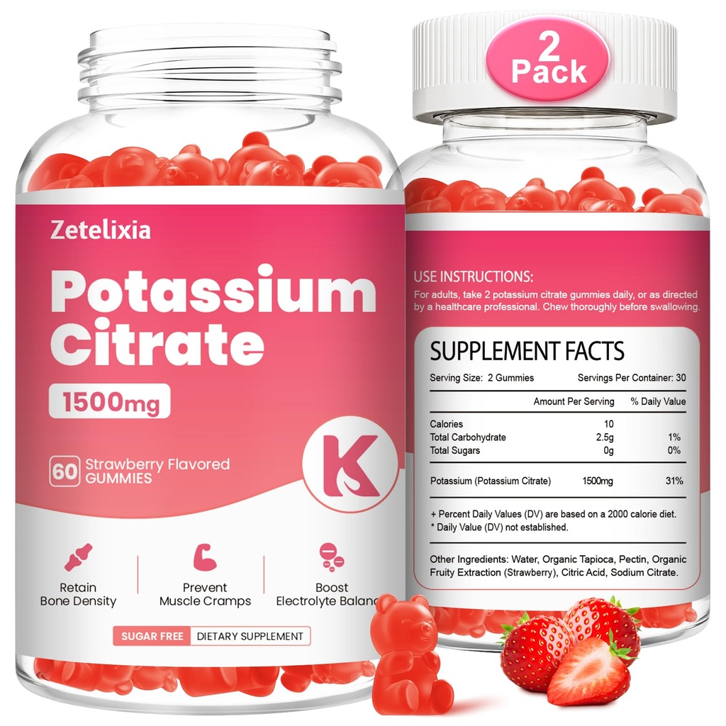 2 Pack Kalium gummier for voksne kvinder & mænd, Kalium citrat supplement, Support Leg kramper, Muskel Sundhed & Elektrolyte Balance, Sukker fri, Økologisk, Vegan, Jordbær, 120 Cts