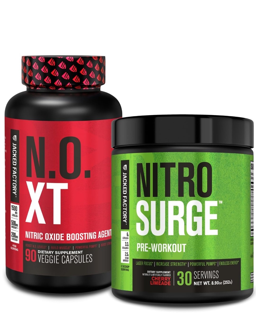 Jacked Factory Pre Workout Stack - N.O XT nitrogenoxid Booster & NITROSURGE High Energy Pre Workout Brændstof