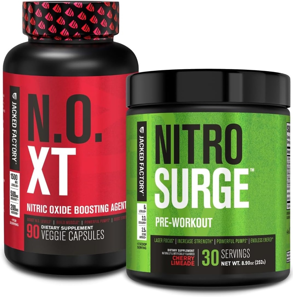 Jacked Factory Pre Workout Stack - N.O XT nitrogenoxid Booster & NITROSURGE High Energy Pre Workout Brændstof