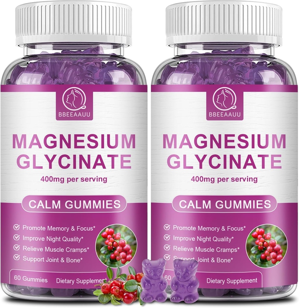Magnesium Glycinat Gummies 400 mg, høj absorption Magnesium Glycinat Supplement med kalium, calcium, D-vitamin, B6 & CoQ10 til nat, Muskelstøtte Cranberry Flavor 60 Greve (2 pakker)