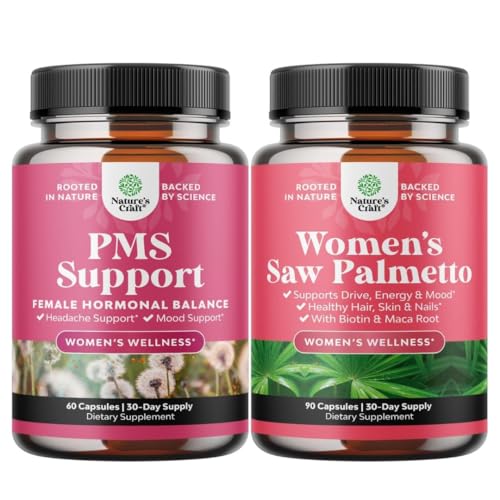 Bundle af PMS Support og Saw Palmetto til kvinder - Hormonbalance med DIM, Chasteberry, Black Cohosh & Ashwagandha til Periode kramper og Saw Palmetto Uddrag med Maca Root & Biotin til hårtab