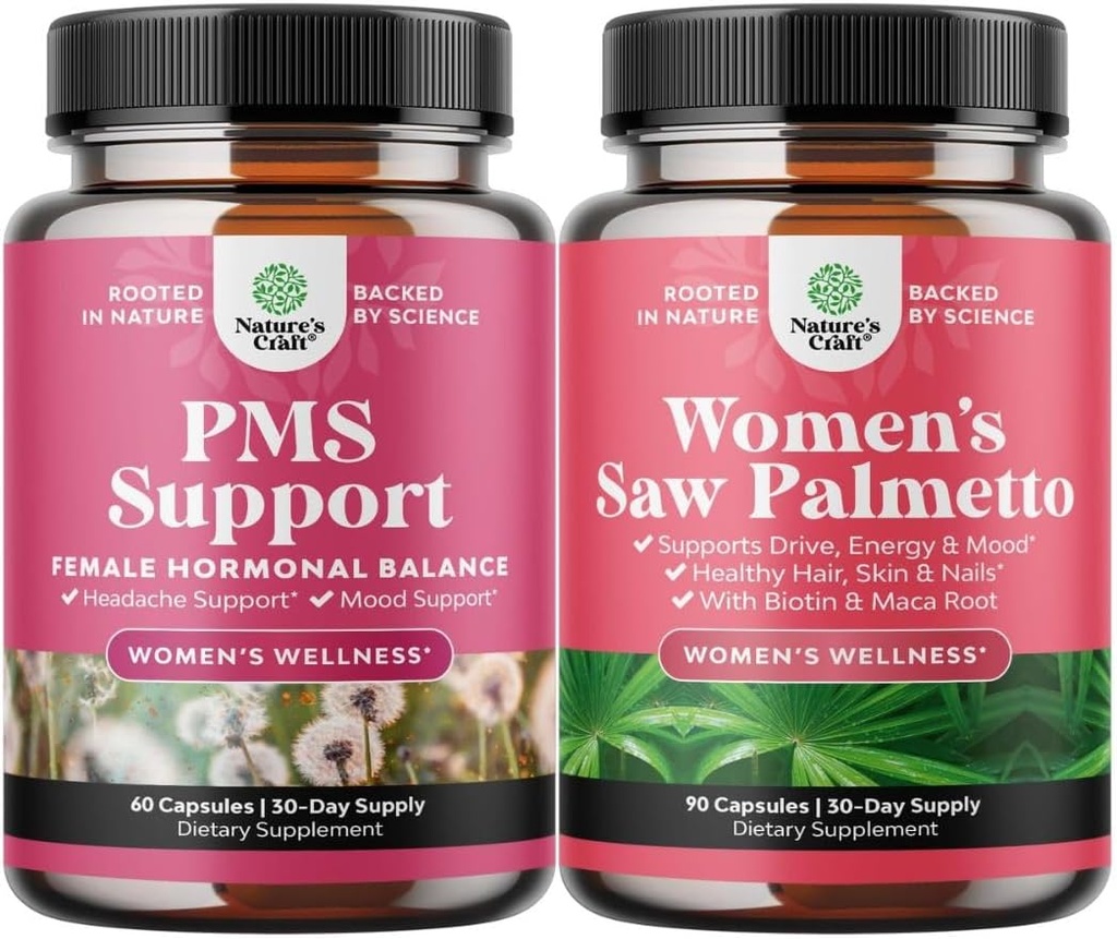 Bundle af PMS Support og Saw Palmetto til kvinder - Hormonbalance med DIM, Chasteberry, Black Cohosh & Ashwagandha til Periode kramper og Saw Palmetto Uddrag med Maca Root & Biotin til hårtab