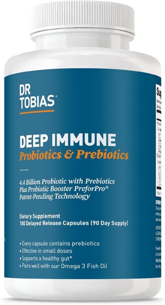 Dr. Tobias Deep Immune Probiotika & Prebiotika, Dobbelt Handling Fordøjelse & Immun Support med PreforPro Prebiotika & Forsinket Release Spore Danning Probiotika for kvinder & mænd, 180 Kapsler, 90 Servering
