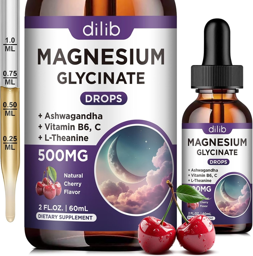 Magnesium Glycinate Liquid Drops 500mg, with Vitamin B6, Ashwagandha, L - Theanin, Kamille, Magnesium Glycinate Supplement High Absorption for Sleep, Stress, Energy, Mood - Cherry Flavor