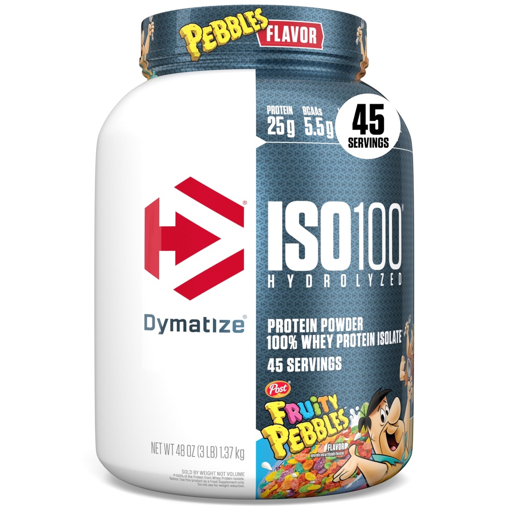 Dymatize x Fruity Småsten ISO100 Whey Protein Powder Isolate, 25g protein, 5,5g BCAA, 120 Cal., Gluten Free, 1g fedt, 1g sukker, 2g Carb (45 Servere)