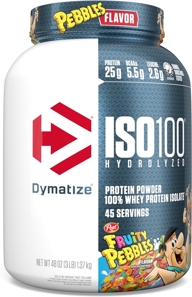 Dymatize x Fruity Småsten ISO100 Whey Protein Powder Isolate, 25g protein, 5,5g BCAA, 120 Cal., Gluten Free, 1g fedt, 1g sukker, 2g Carb (45 Servere)