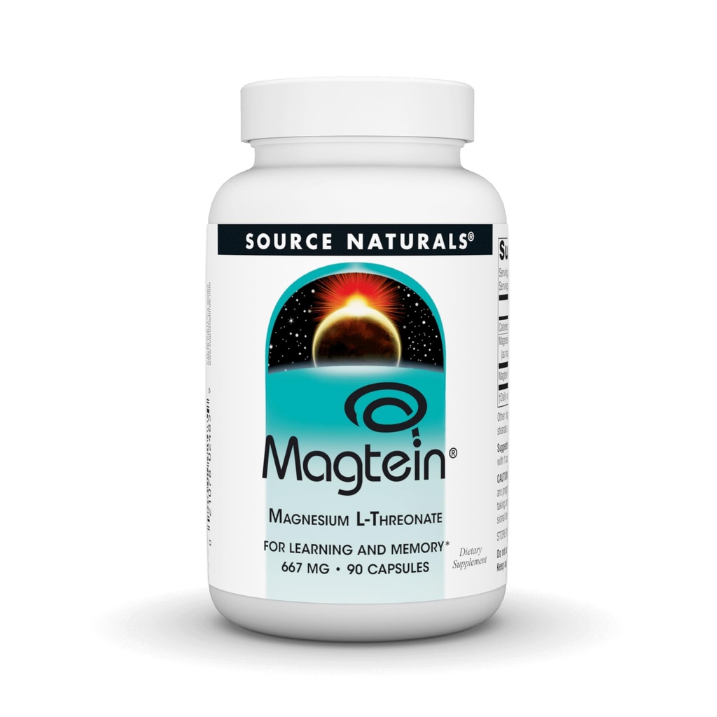 Kilde Naturals Magtein Magnesium L- Threonat 667mg understøtter fokus, mad, sund hukommelse, kognitiv funktion, søvn * - 90 kapsler