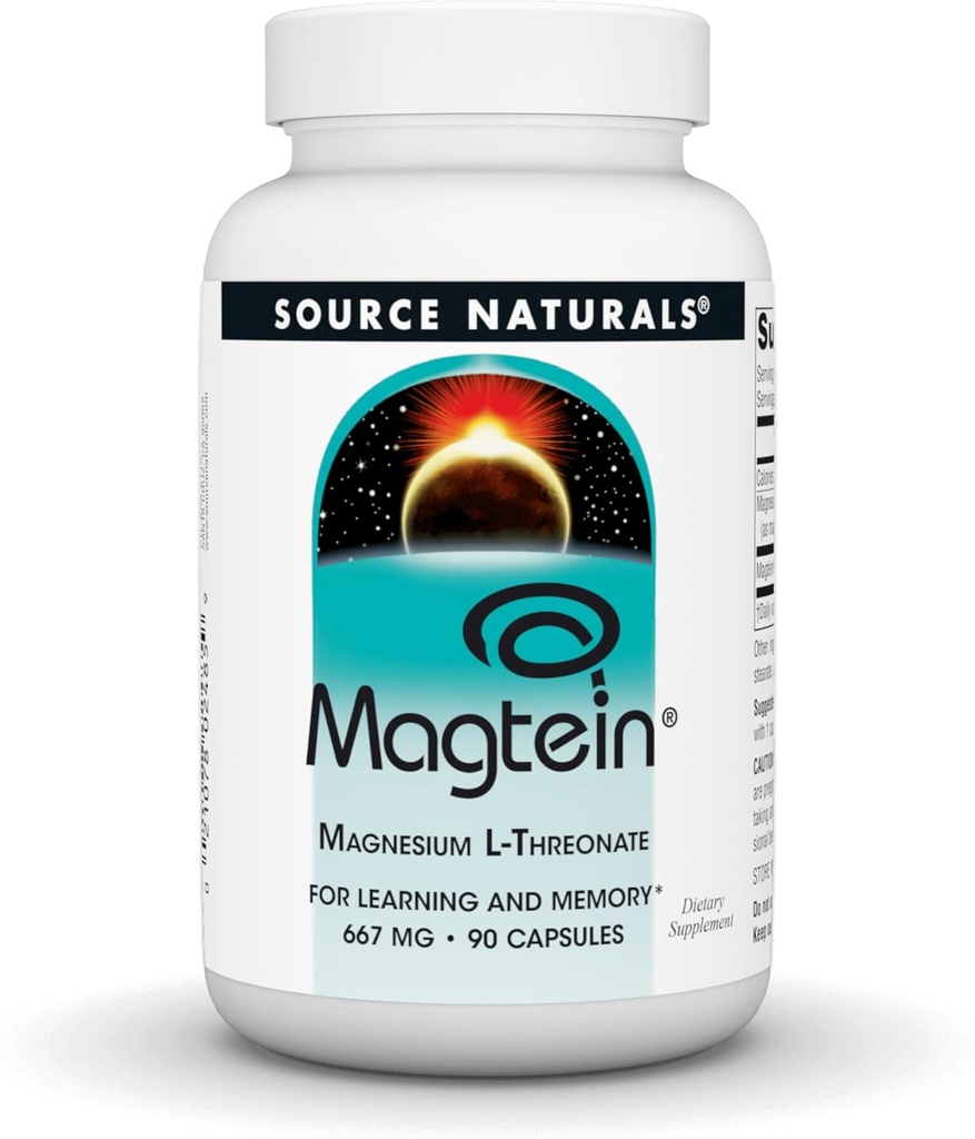 Kilde Naturals Magtein Magnesium L- Threonat 667mg understøtter fokus, mad, sund hukommelse, kognitiv funktion, søvn * - 90 kapsler