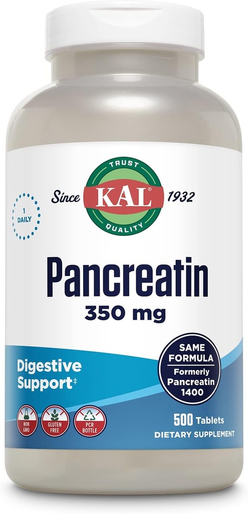 KAL Pancreatin 350mg, fordøjelsesenzymer til kvinder og mænd, pankreatiske enzymer til fordøjelsesstøtte, gluten fri, ikke-GMO, hurtig opløsning, 60- dag garanti, 500 Servere, 500 tabletter