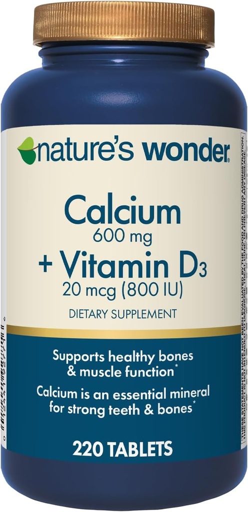 Nature 's Wonder Calcium 600 mg med vitamin D3 20 mcg for ben sundhed, 220 tabletter
